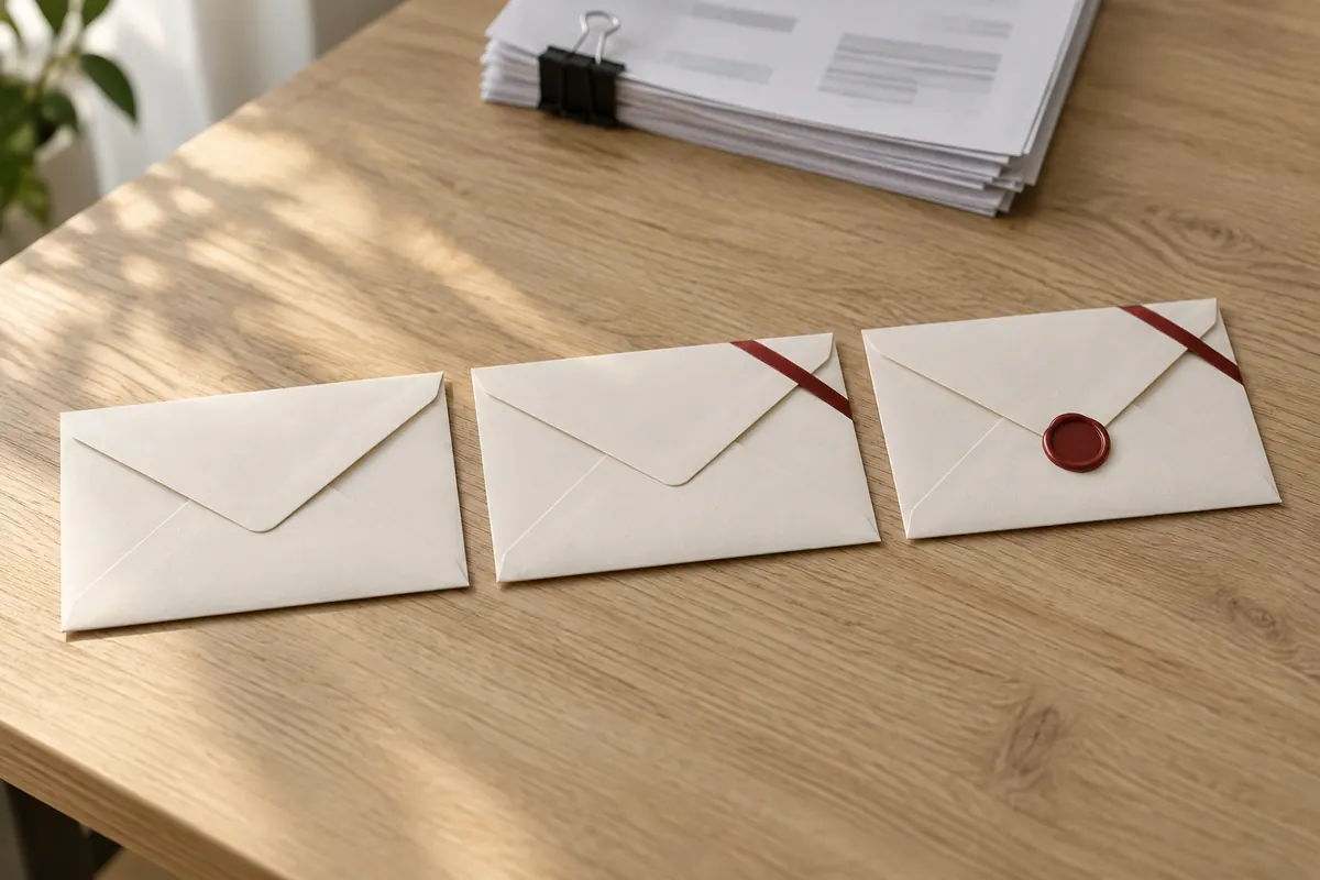 Three envelopes in a row on a desk, the second with a red corner band and the third sealed in red